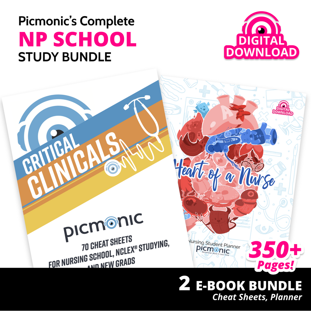 Picmonic's Complete NP School Study Bundle Digital Download: 70 Cheat Sheets for NP/Nursing School, UNDATED NP/Nursing Student Planner