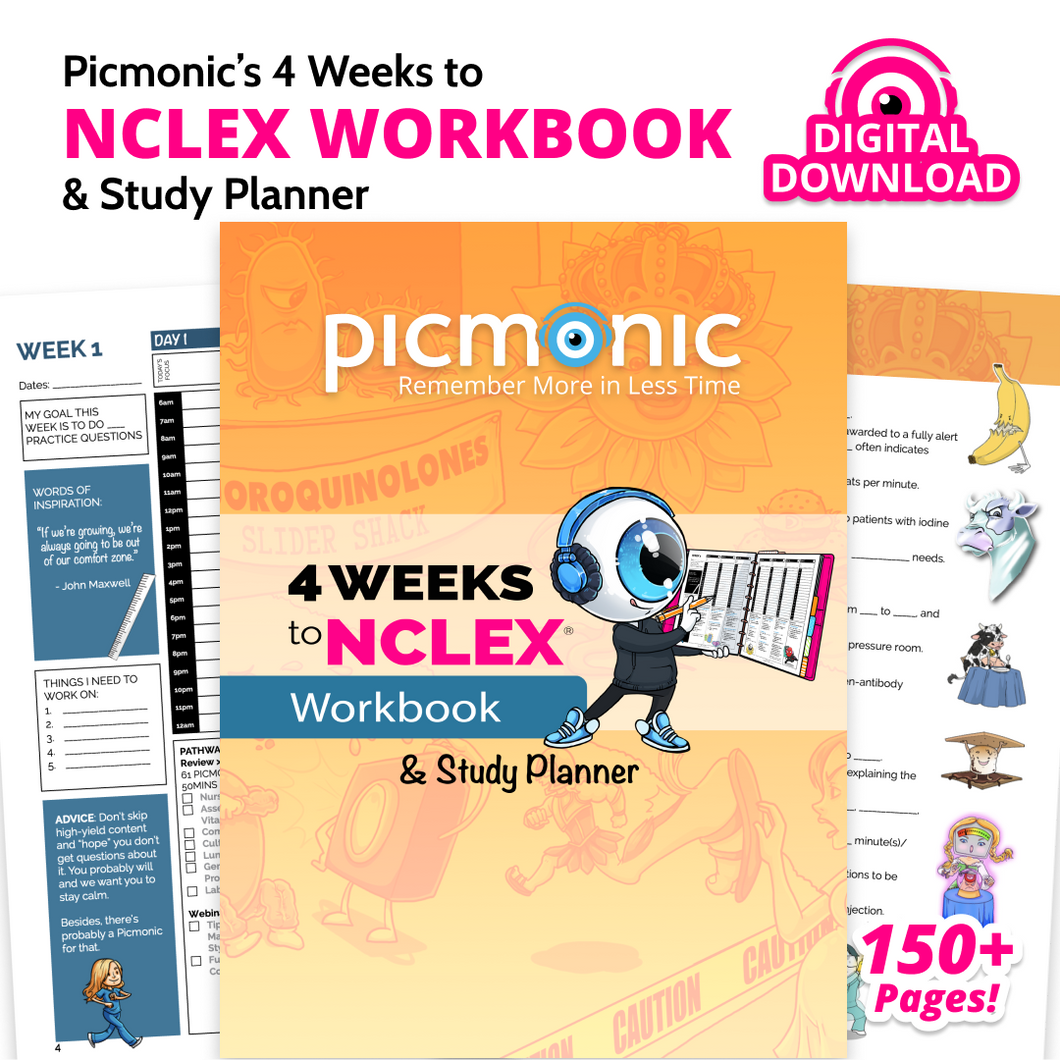 4 Weeks to NCLEX® Workbook & Study Planner Digital Download: Nursing Mnemonic Visual Learning Resource by Picmonic